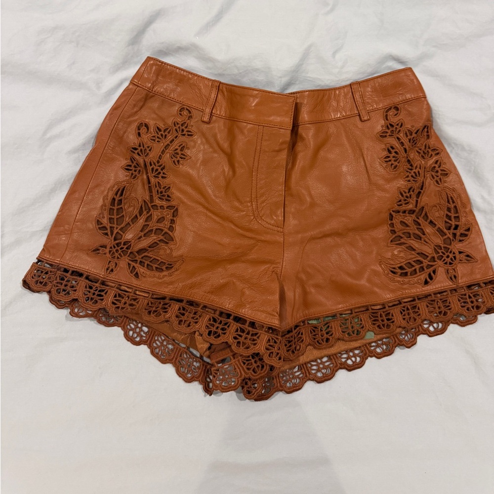 FARM Rio brown leather embroidered shorts